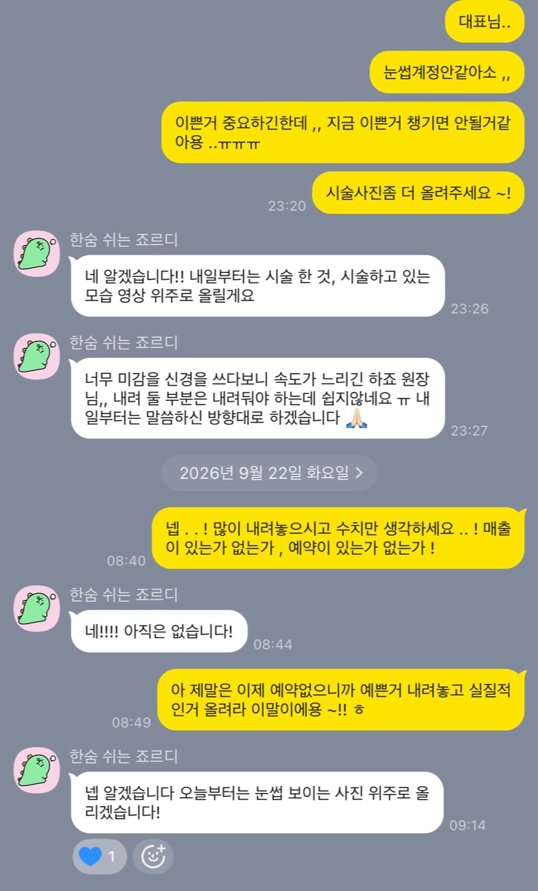 시술 사진 중심의 콘텐츠와 예약을 위한 계정 운영 방향을 조언하는 카카오톡 대화